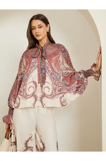 Women Paisley Print Tie-Neck Cape Blouse
