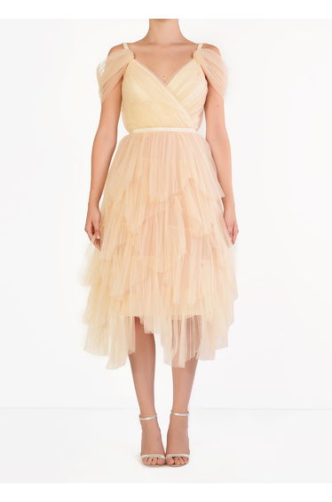 Isla Cream Pleated Petal Skirt Midi-Dress