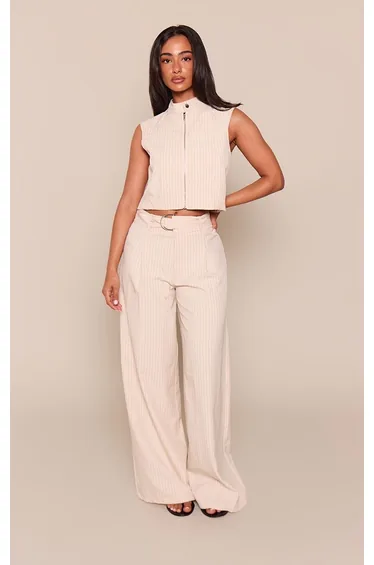 Petite Cream Pinstripe Zip Front Tailored Sleeveless Top Co-ord
