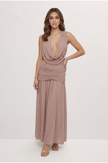 Draped Neckline Chiffon Maxi Dress