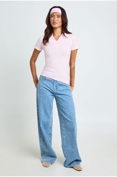 V Neck Asym Hem T-Shirt - light pink