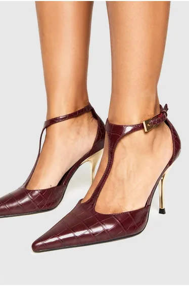 Statement Heeled Croc T Bar Court Shoes - burgundy