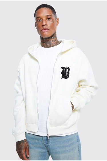 Boxy Fit B Applique Zip Through Hoodie - ecru
