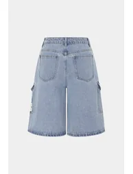 Denim Digital Letter Print Pocket High Waist Shorts - 2