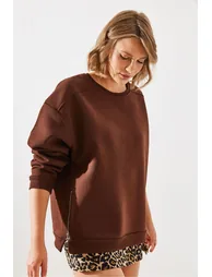 Women's Crew Neck Raised Zipper Detail Basic Sweatshirt - 1