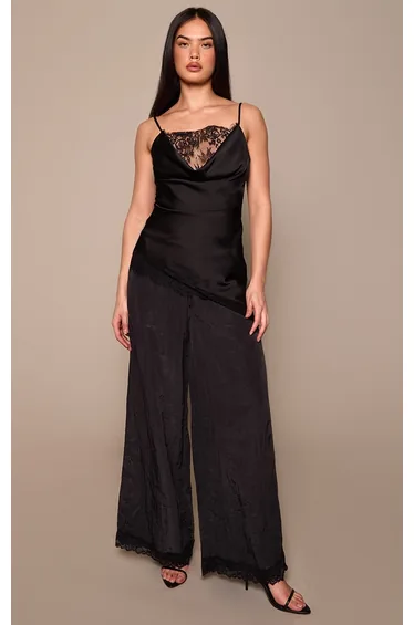 بنطلون ساتان بحواف دانتيل - أسود
