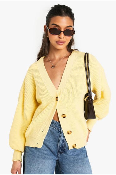 Balloon Sleeve Button Through Rib Cardigan - lemon
