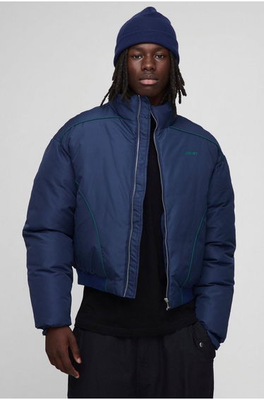 Oversized Boxy Piping Panel Funnel Neck Puffer Jacket - navy