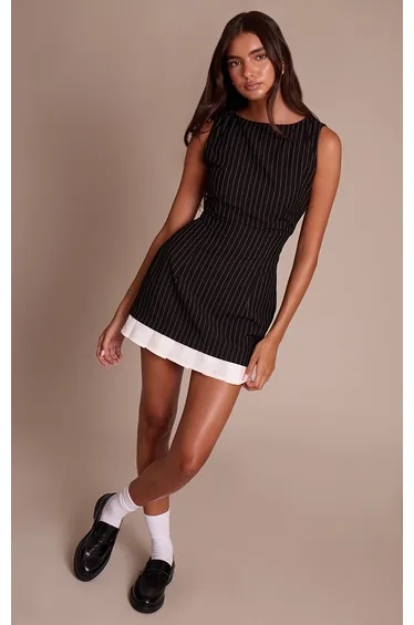 Black Pinstripe Pleated Hem Detail Bodycon Dress