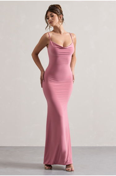 Francoise | Blush Cowl Neck Backless Maxi Dress With Lace Insert