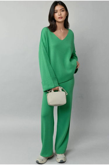 MY FASHION V- neck Sweater & High Waist Pants Knitwear Set