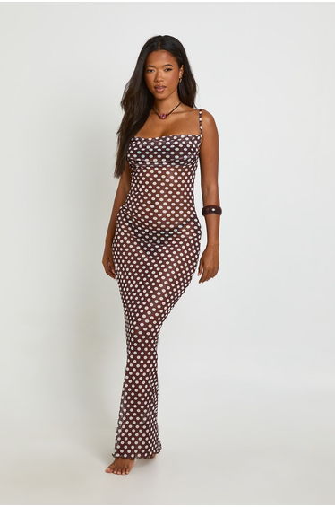 Beachwear Essentials Polka Dot Maxi Dress - chocolate