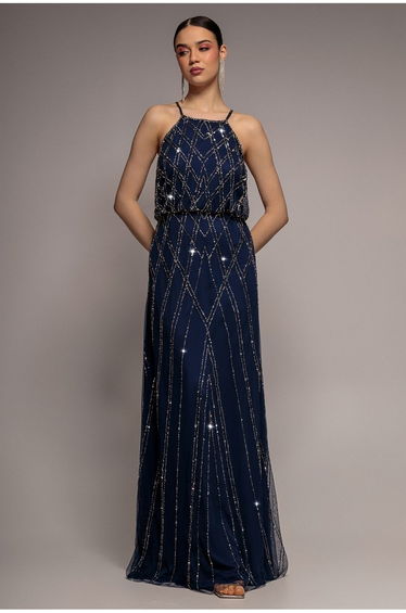 Goddiva Racer Neck Sleeveless Sequin Maxi Dress - Navy Blue