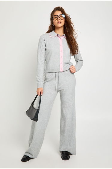 Double Layer Detail Cardigan and Wide Leg Trouser Co-Ord - grey