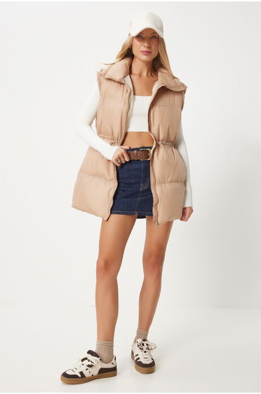 Women's Beige Waist Drawstring Puffer Vest