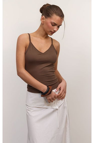 Chocolate Soft Rib Strappy V Neck Vest Top