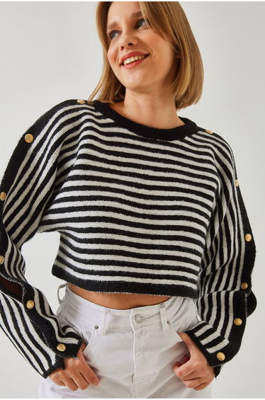 LUCCI Striped Crop Sweater with Button Detail