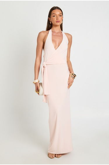 Slinky Halterneck Tie Waist Maxi Dress - rose pink