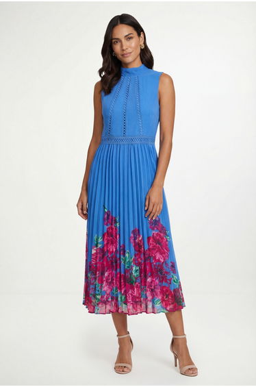 Petite Floral Lace Insert Pleated Midi Dress
