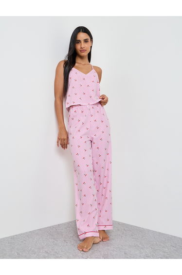 Pink Cherry Striped Print Cami and Pyjama Set