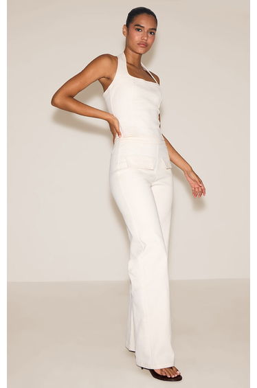 Ecru Halterneck Stretch Denim Top