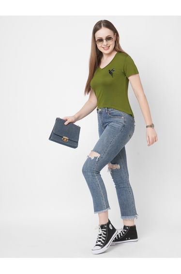 Women Olive Embroidered Bird Detail Short Sleeve T-Shirt