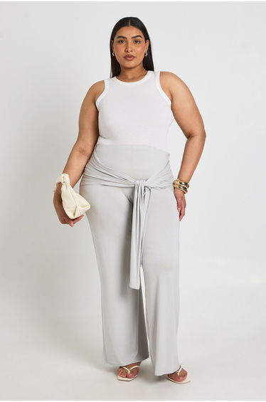 Plus Tie Waist Flare Trouser - ash grey