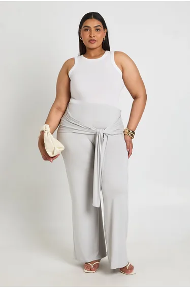 Plus Tie Waist Flare Trouser - ash grey