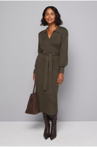 Collared Belted Midi Dress