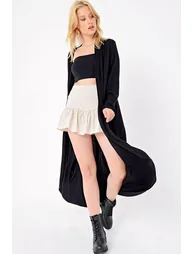 Women's Black Double Pocket Maxi Oversized Viscon Cardigan