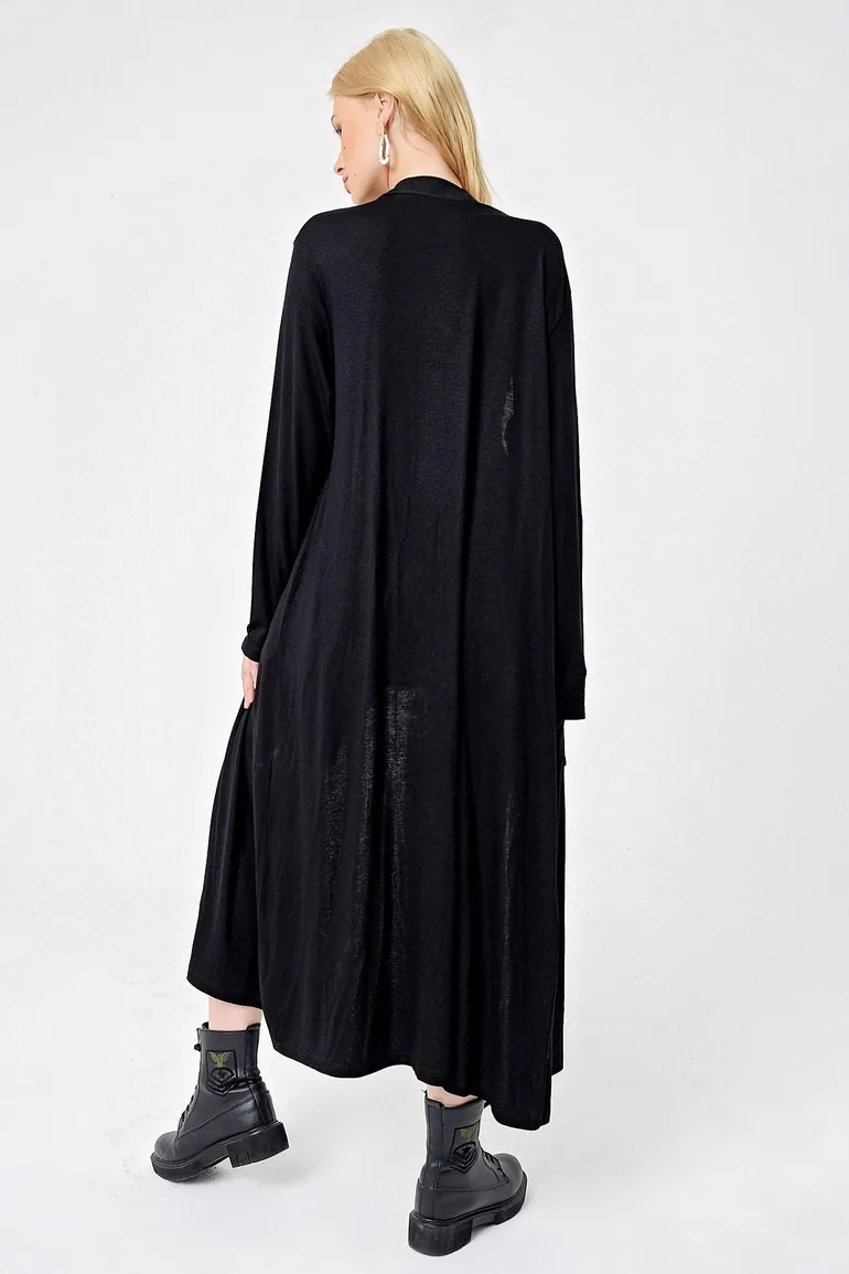 Women's Black Double Pocket Maxi Oversized Viscon Cardigan - 4