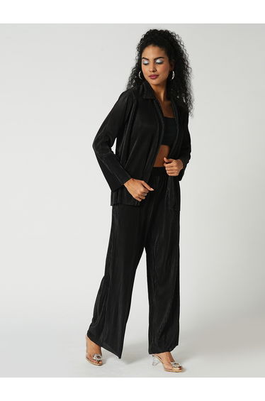 Black Accordion Plisse Shirt and Trousers Co-Ords
