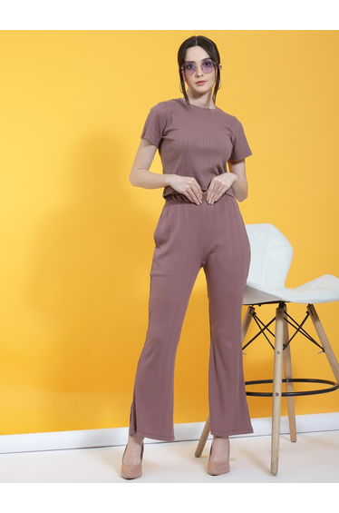 Women Textured Crop Top and Bell Bottoms Pants Co-Ords