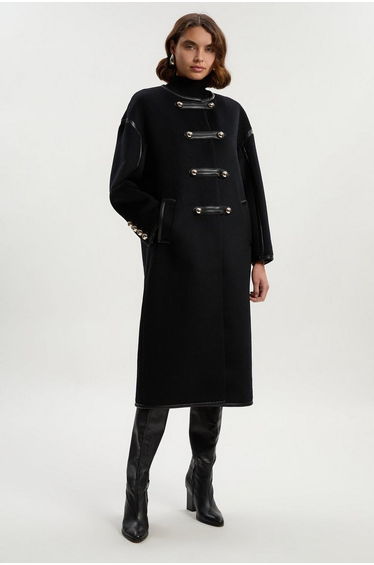 Brushed Wool PU Mix Tailored Collarless Midi Coat