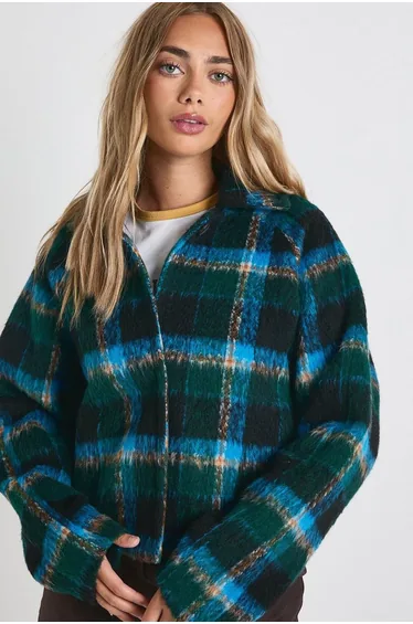 Oversized Check Wool Look Coat - blue