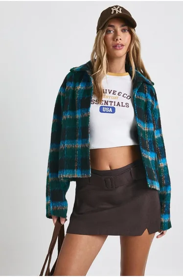 Oversized Check Wool Look Coat - blue