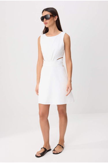 White Tie-Detail Mini Woven Dress