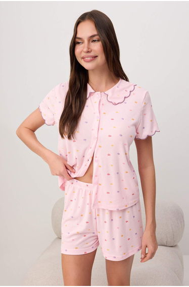 Pink Floral Embroidered Ribbed Knit Knitted Pajamas Set