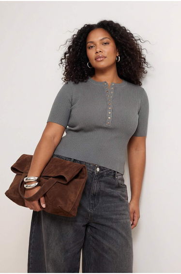 Wardrobe Essentials Gray Snap Detail Corded Fabric Knitwear Blouse
