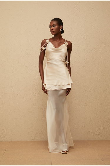 Aikaterini Neutral 3D Petal Satin Matching Set