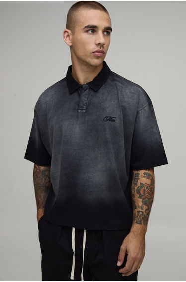 Shrunken Oversized Man Script Spray Wash Rugby Polo - black