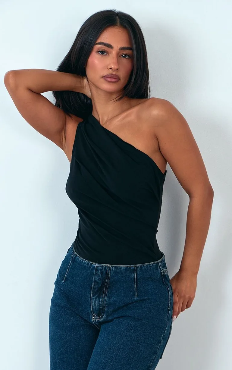 Black Soft Cotton Asymmetric Bodysuit