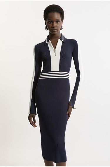 Rib Knit Polo Zip Up Midi Dress