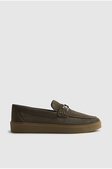 Khaki Suede Buckle Loafers