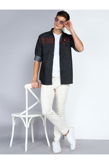 Men Black Denim Shirt with Stripe Detail