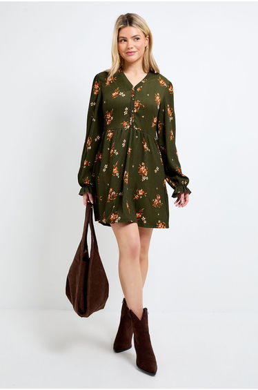 Petite Floral Button Detail Blouson Sleeve Jersey Mini Dress