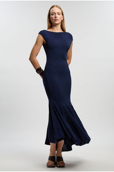 Sheer Detail Pleated Midi Dress