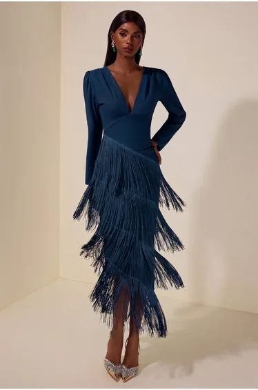 Tassel Ruched Long Sleeve Midi Dress