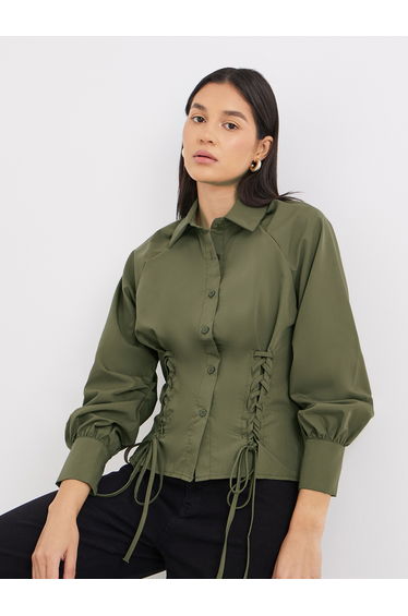Lace Up Detail Raglan Sleeve Buttoned Shirt