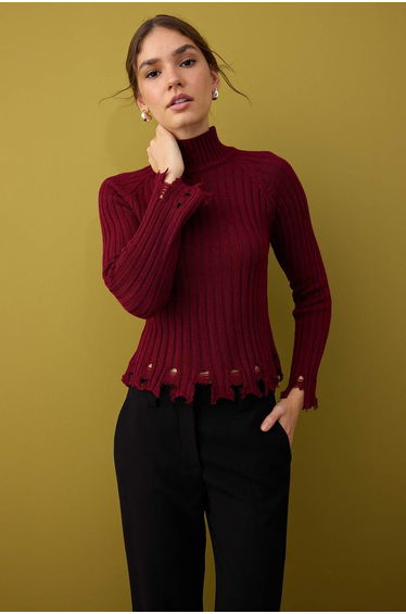 Burgundy Short/Crop Hem Draped Detail Knitwear Sweater